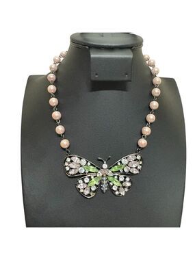Butterfly necklace pink pearls green white blue gems statement piece glamour EUC